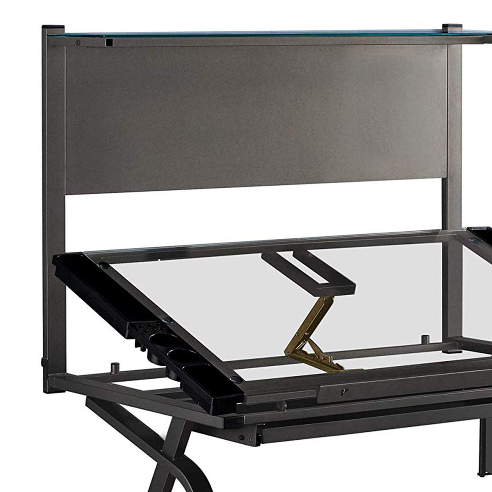 Grey Clear Metal Glass Plastic Tempered Glass Drafting Table Adjustable By Homeroots | Desks | Modishstore - 5