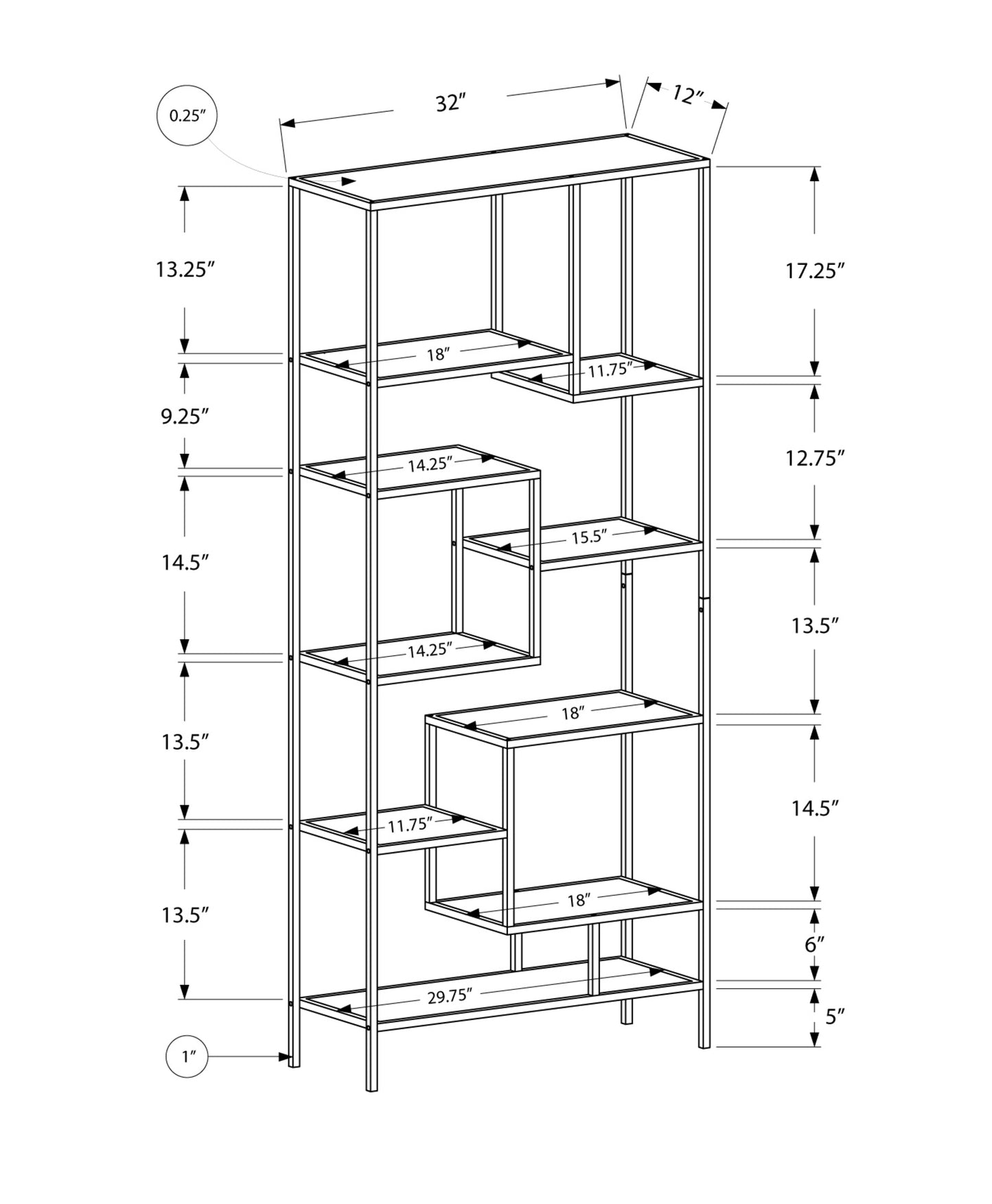 72" Metal and Tempered Glass Bookcase By Homeroots | Bookcases | Modishstore - 4