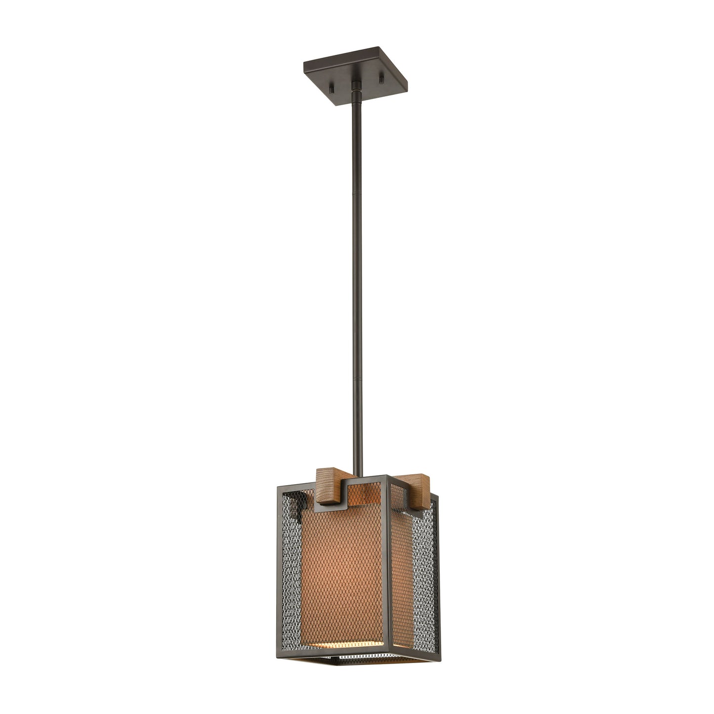 Crossbeam 1-Light Mini Pendant in Oil Rubbed Bronze and Medium Oak with Dark Beige Fabric Shade by ELK Lighting | Modishstore | Pendant Lamps