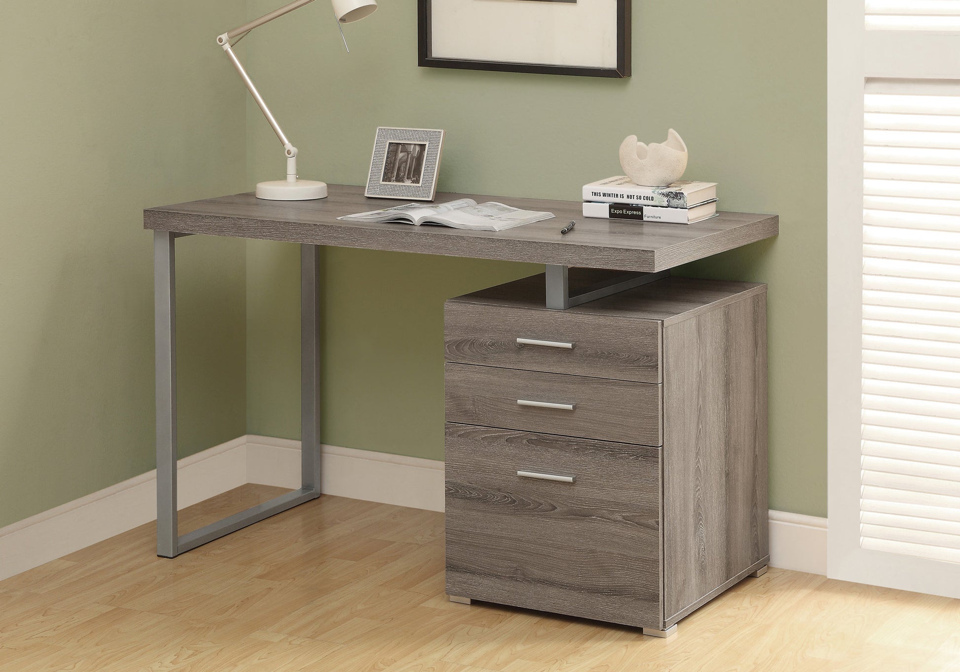 Dark Taupe Silver Particle Board Hollow Core Metal Computer Desk By Homeroots - 333477 | Desks | Modishstore - 2