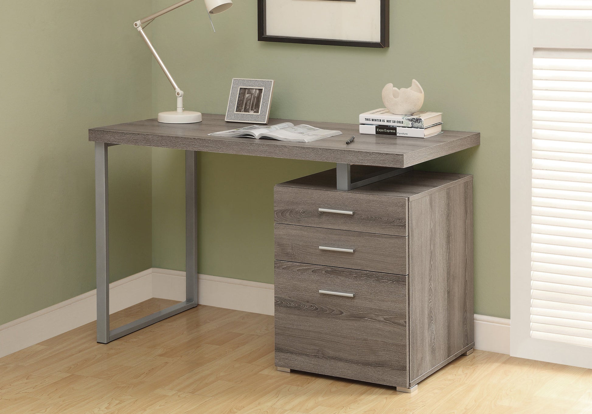 Dark Taupe Silver Particle Board Hollow Core Metal Computer Desk By Homeroots - 333477 | Desks | Modishstore - 3