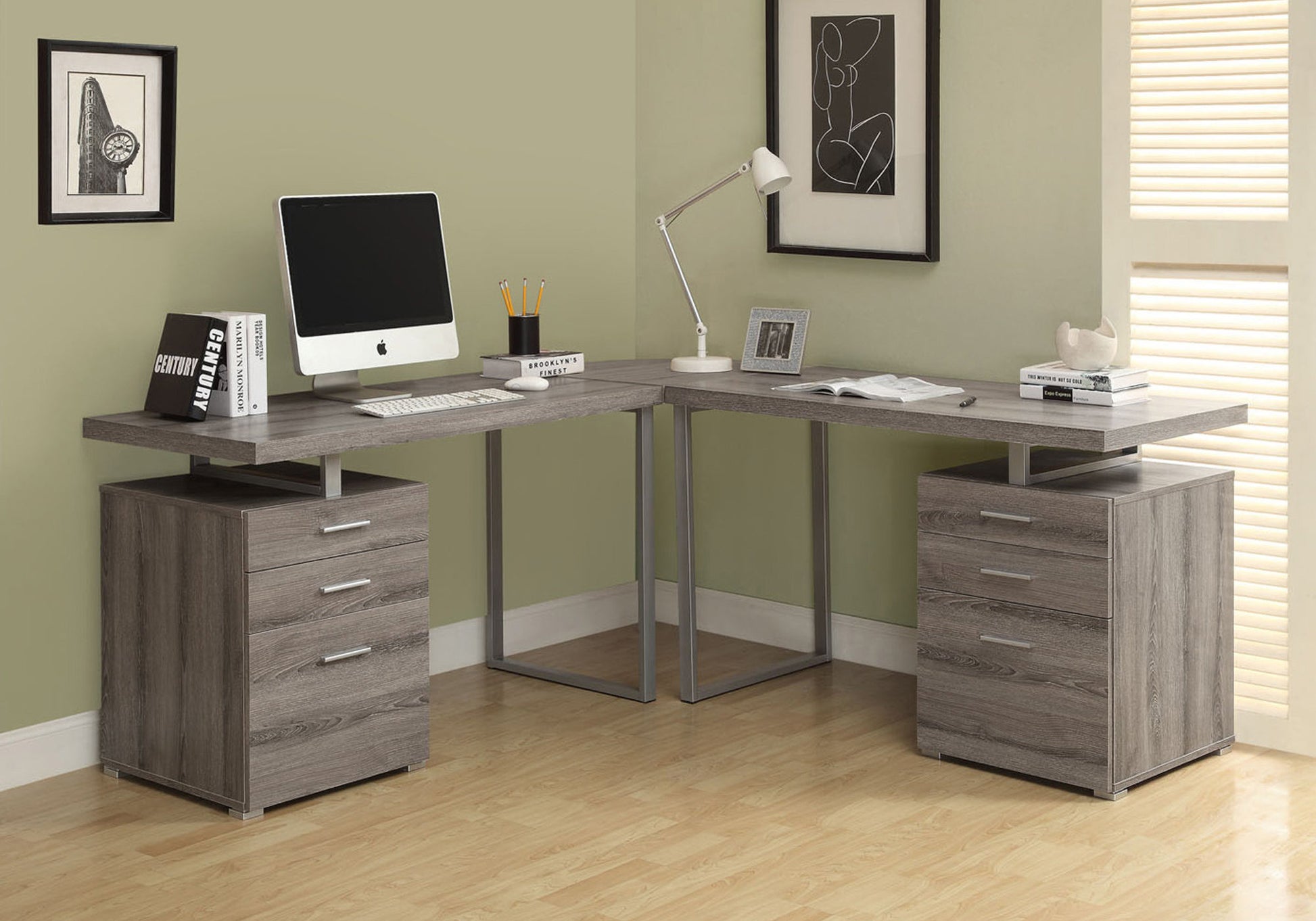 Dark Taupe Silver Particle Board Hollow Core Metal Computer Desk By Homeroots - 333477 | Desks | Modishstore - 3