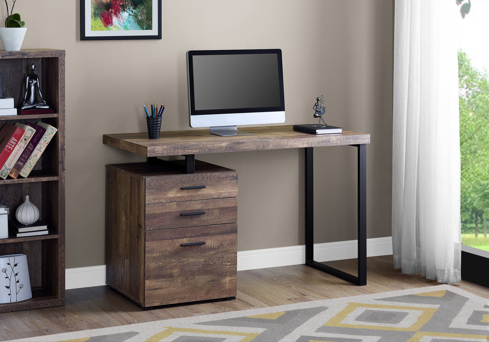 Brown Black Particle Board Hollow Core Metal Computer Desk By Homeroots - 333509 | Desks | Modishstore