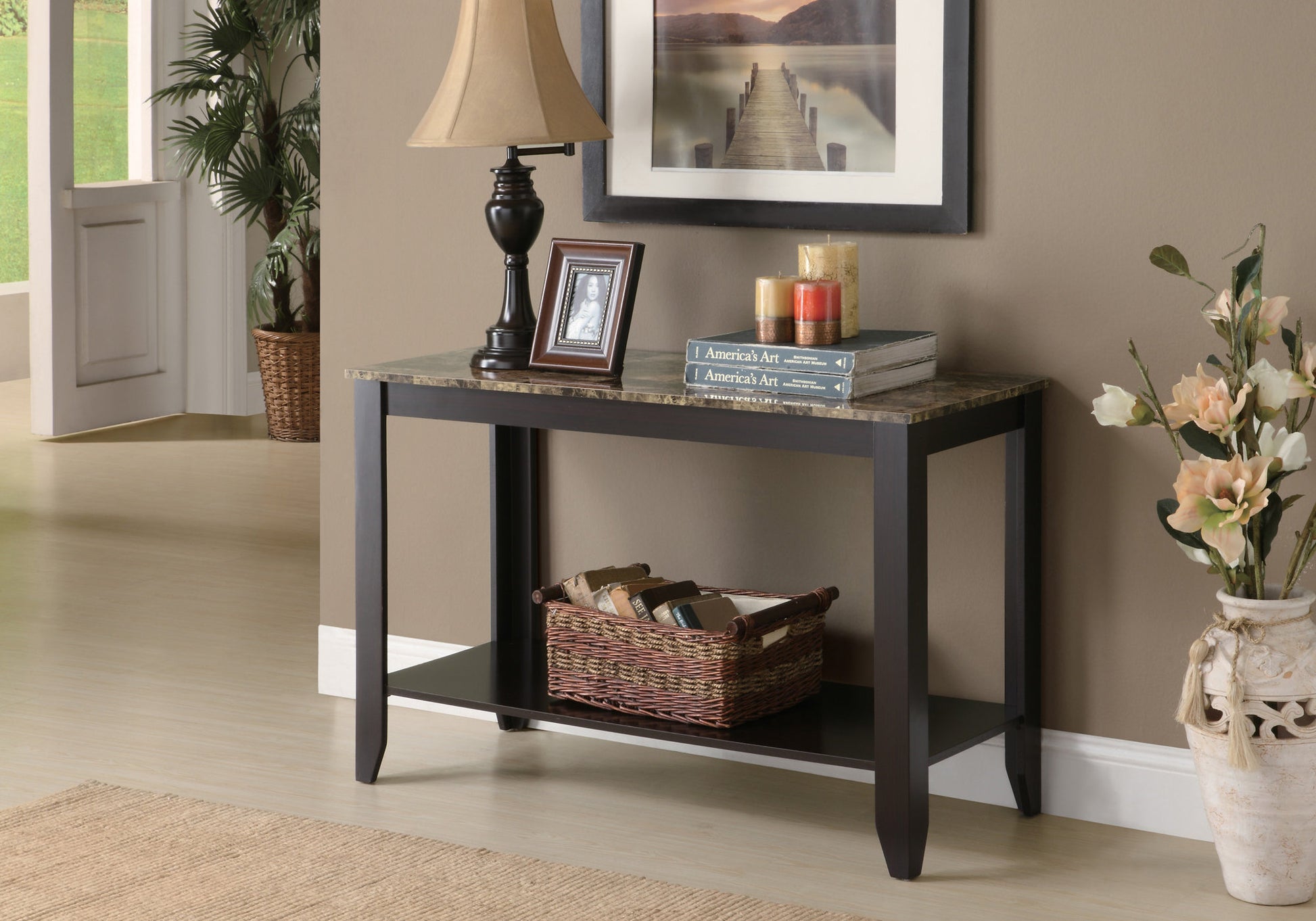 28.75" Cappuccino Particle Board Accent Table with a Marble Top By Homeroots | Console Tables | Modishstore