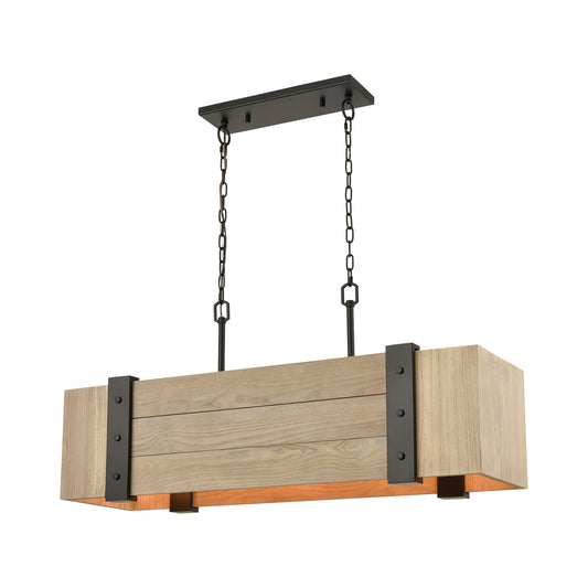 Wooden Crate 5-Light Island Light in Oil Rubbed Bronze with Slatted Wood Shade in Natural by ELK Lighting | Modishstore | Pendant Lamps