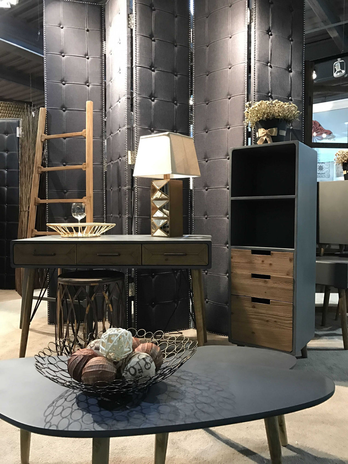 Gray Fabric And Wood Double Sided Screen By Homeroots | Room Dividers | Modishstore