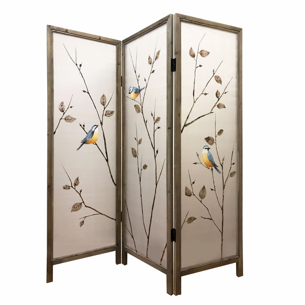 Brown Fabric And Wood 3 Panles Screen By Homeroots | Room Dividers | Modishstore - 2