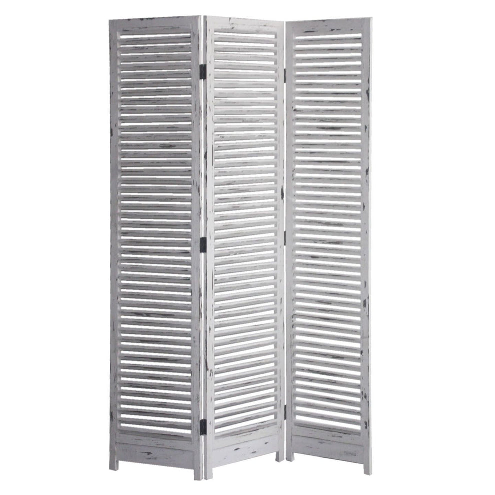 Distressed Light Wood Shutter Three Panel Room Divider Screen By Homeroots | Room Dividers | Modishstore - 3