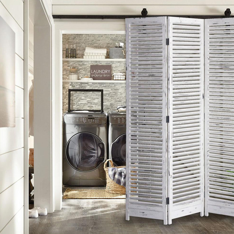 Distressed Light Wood Shutter Three Panel Room Divider Screen By Homeroots | Room Dividers | Modishstore - 4
