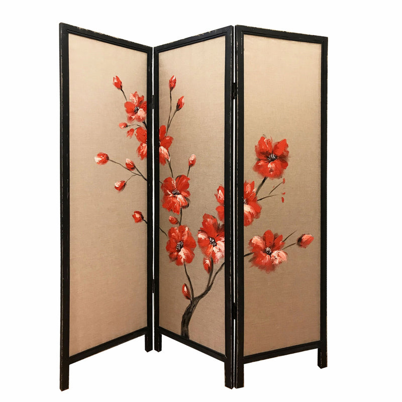 Brown Fabric And Wood Blooming 3 Panles Screen By Homeroots | Room Dividers | Modishstore