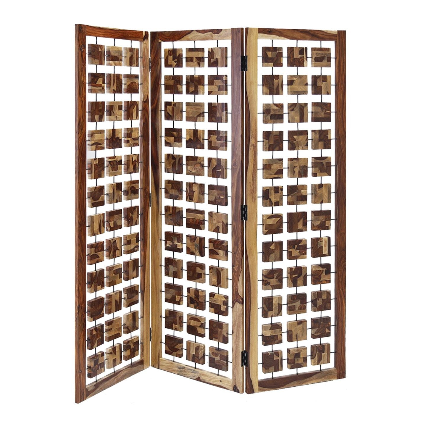 Mod Floating Wood Squares Three Panel Room Divider Screen By Homeroots | Room Dividers | Modishstore - 2