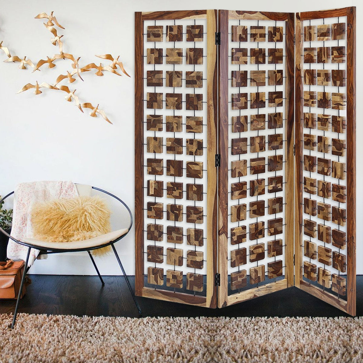 Mod Floating Wood Squares Three Panel Room Divider Screen By Homeroots | Room Dividers | Modishstore