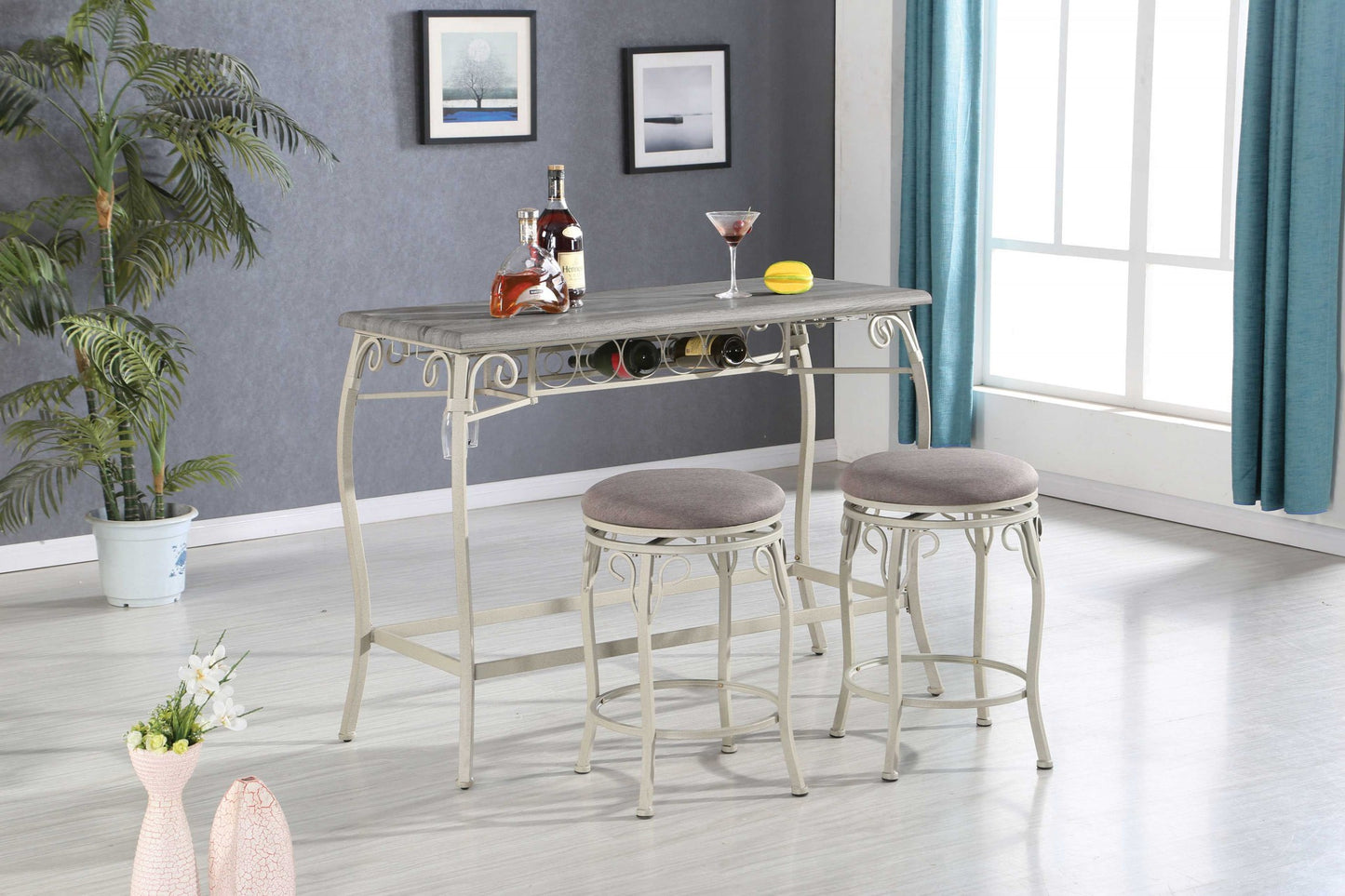 3 Piece Wooden Counter Height Set Gray Oak Fabric By Homeroots | Bar Stools & Table | Modishstore