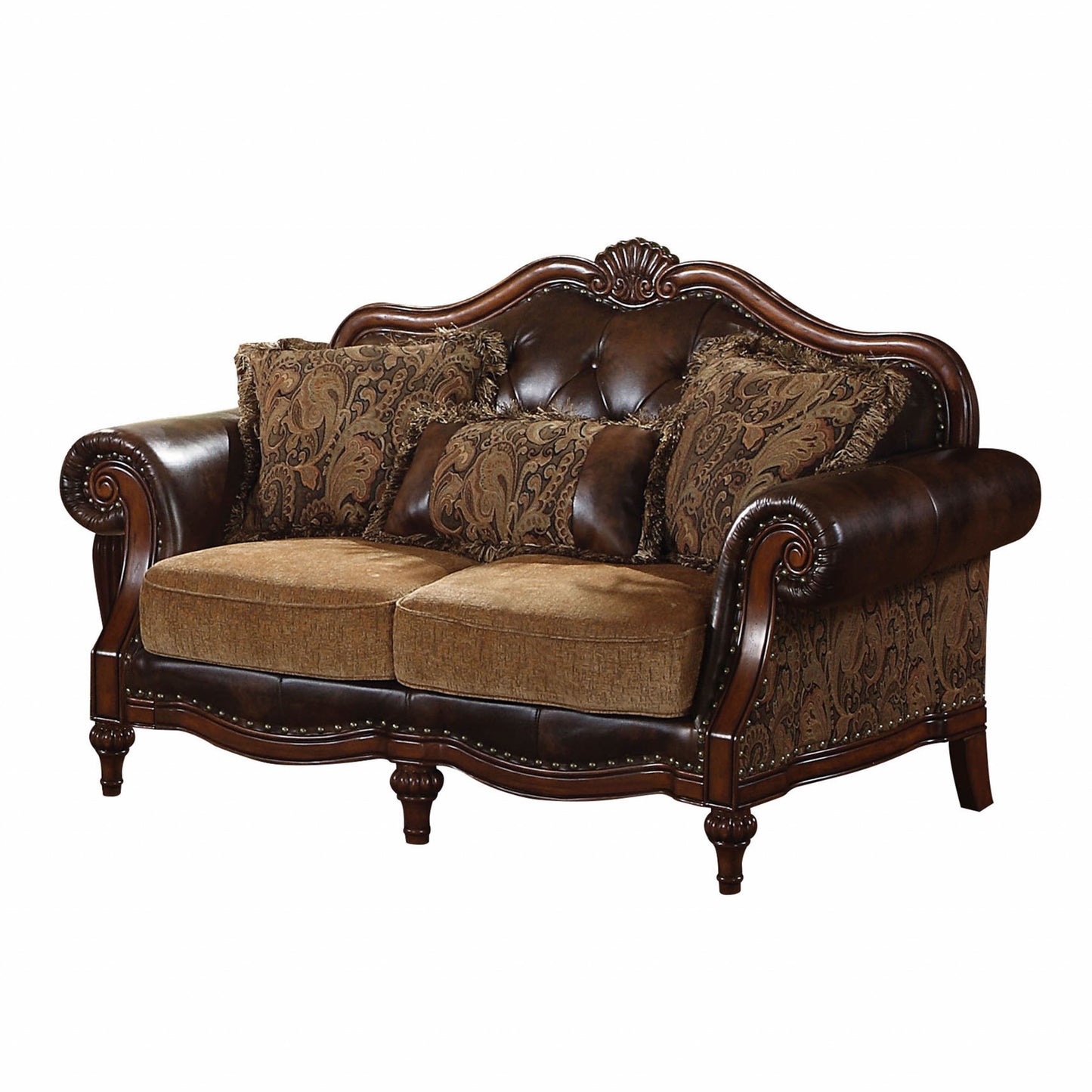 37' X 70' X 42' PU 2-Tone Brown PU Chenille Upholstery Wood Loveseat w3 Pillows By Homeroots | Loveseats | Modishstore