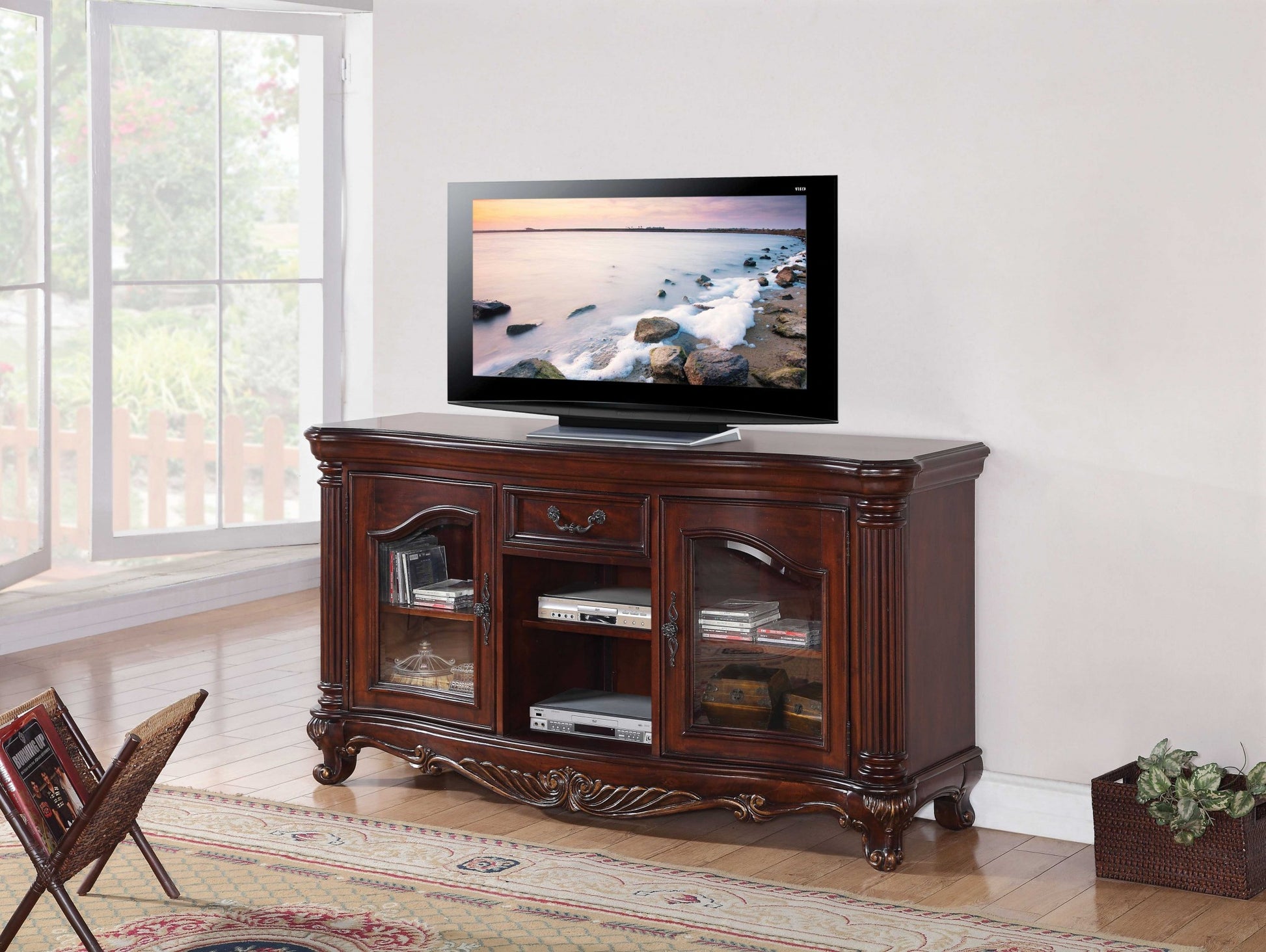 Brown Cherry Wood Glass TV Stand By Homeroots | TV Stands | Modishstore - 2