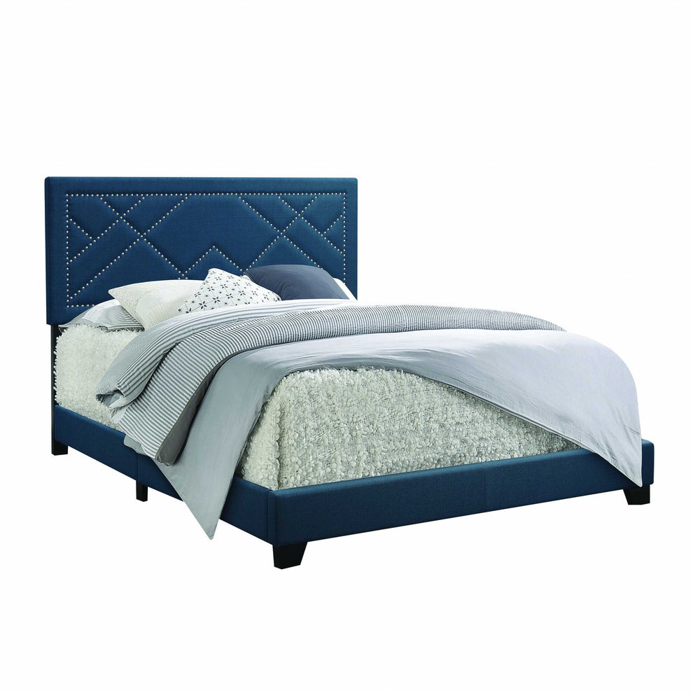 Dark Teal Fabric Upholstered Bed Wood Leg Eastern King Bed By Homeroots | Beds | Modishstore - 2