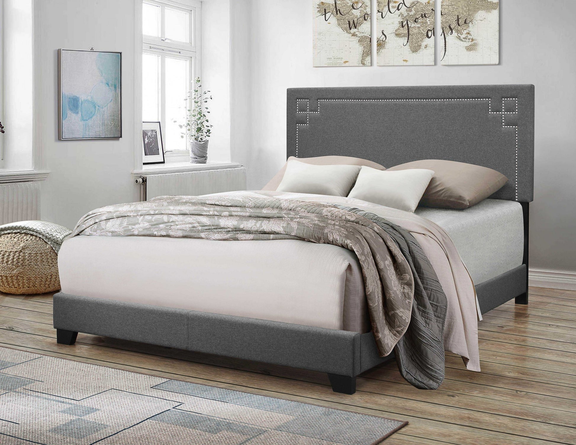 Contemporary Gray Upholstered Queen Bed Frame By Homeroots | Beds | Modishstore - 2