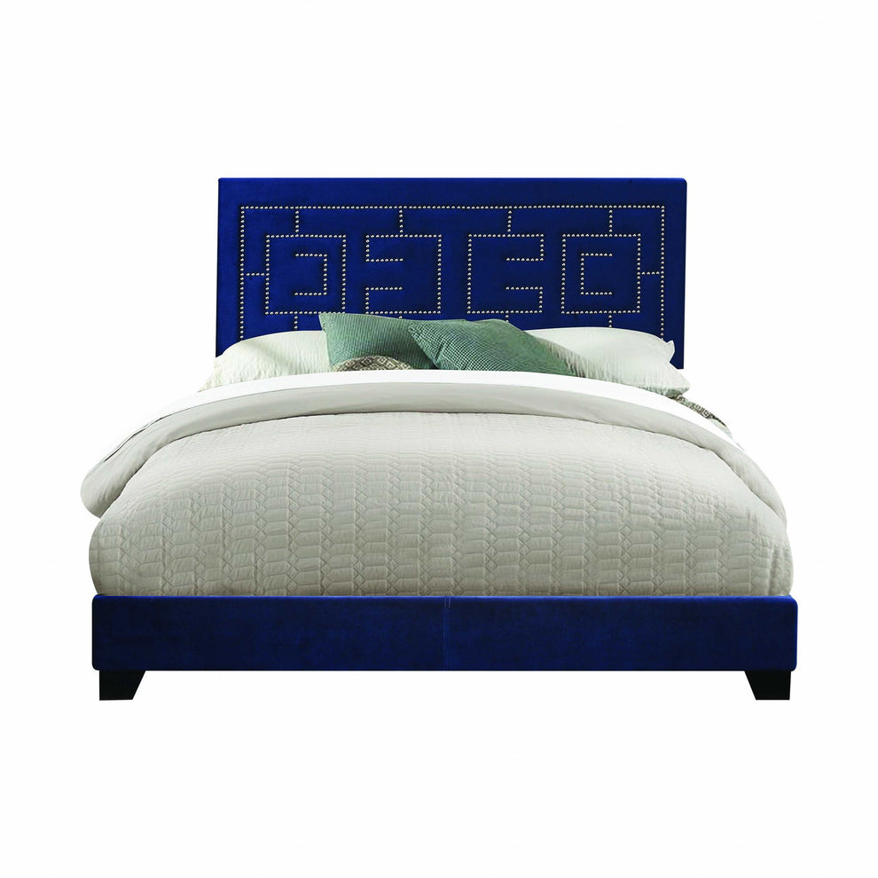 Dark Blue Velvet Upholstered Bed Wood Leg Eastern King Bed By Homeroots | Beds | Modishstore - 2