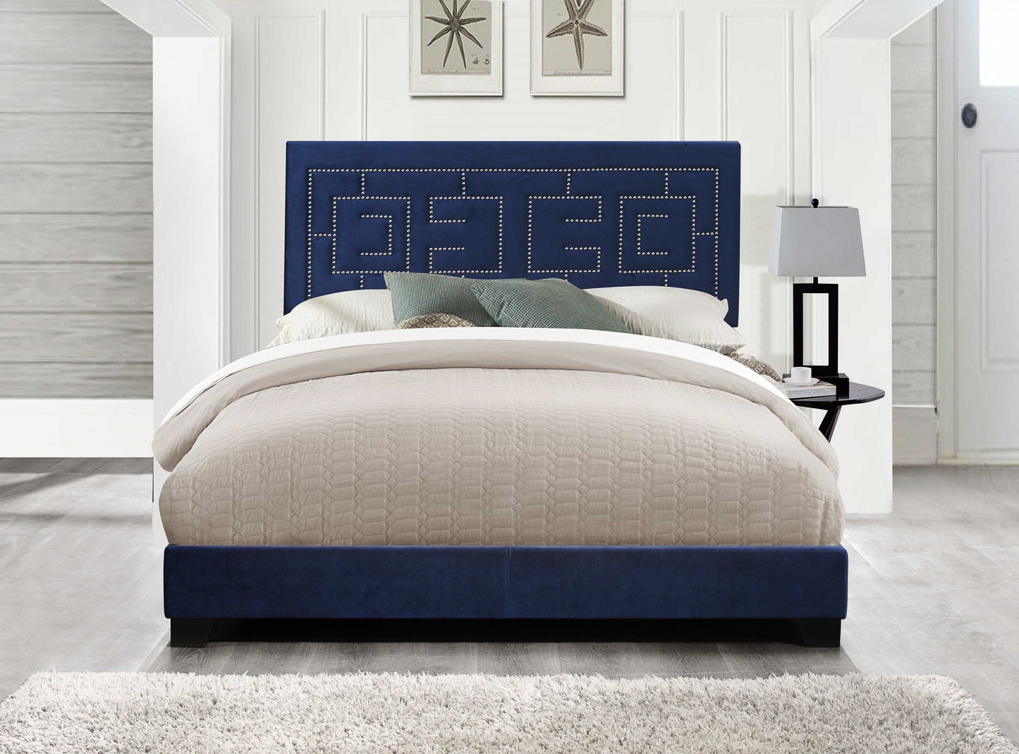 Dark Blue Velvet Upholstered Bed Wood Leg Eastern King Bed By Homeroots | Beds | Modishstore - 2