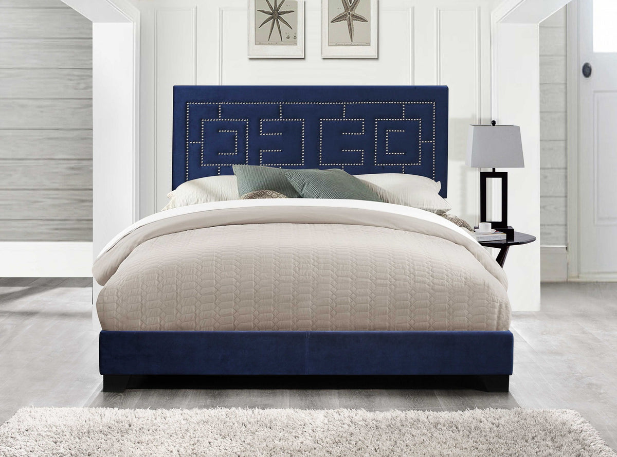 Dark Blue Velvet Upholstered Bed Wood Leg Eastern King Bed By Homeroots | Beds | Modishstore