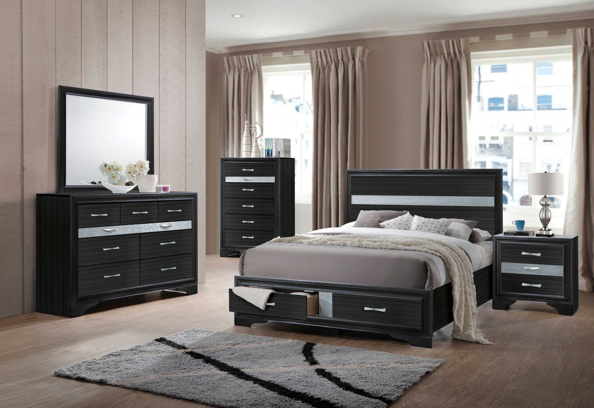 Black Wood Queen Bed Wstorage By Homeroots | Beds | Modishstore - 2