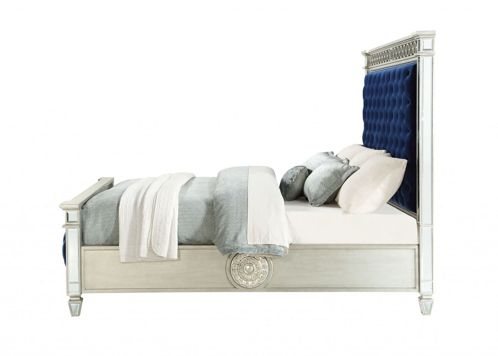 Blue Velvet Wood Mirror Upholstered Hbfb King Bed By Homeroots | Beds | Modishstore - 4