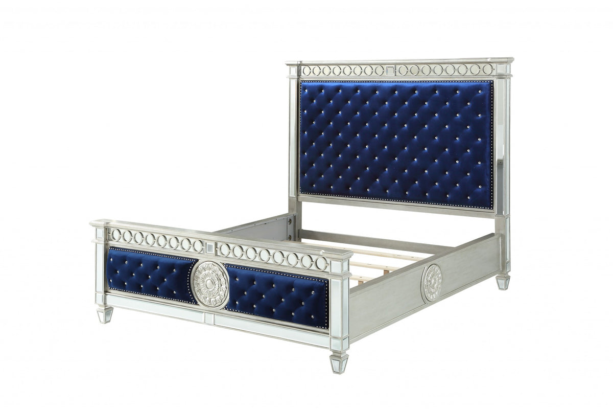 Blue Velvet Wood Mirror Upholstered Hbfb Queen Bed By Homeroots | Beds | Modishstore