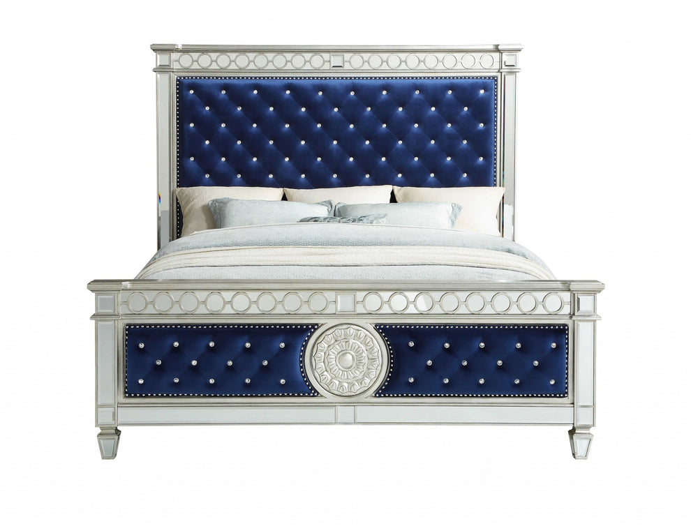 Blue Velvet Wood Mirror Upholstered Hbfb Queen Bed By Homeroots | Beds | Modishstore - 2