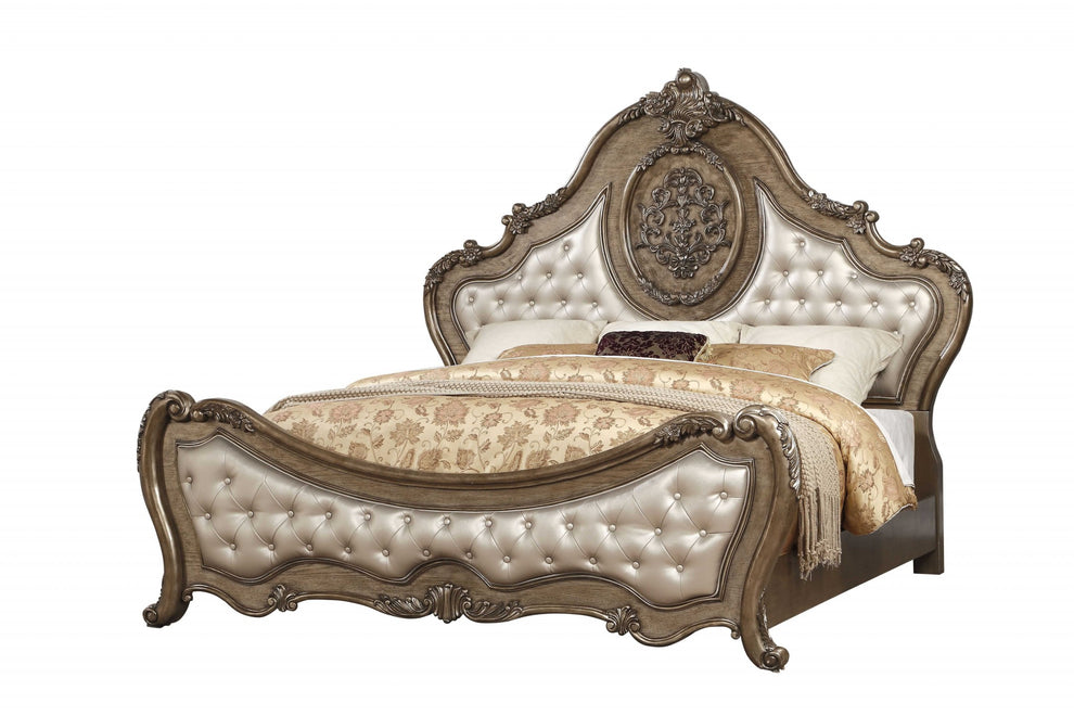 Pu Vintage Oak Wood Upholstery Queen Bed By Homeroots | Beds | Modishstore - 2