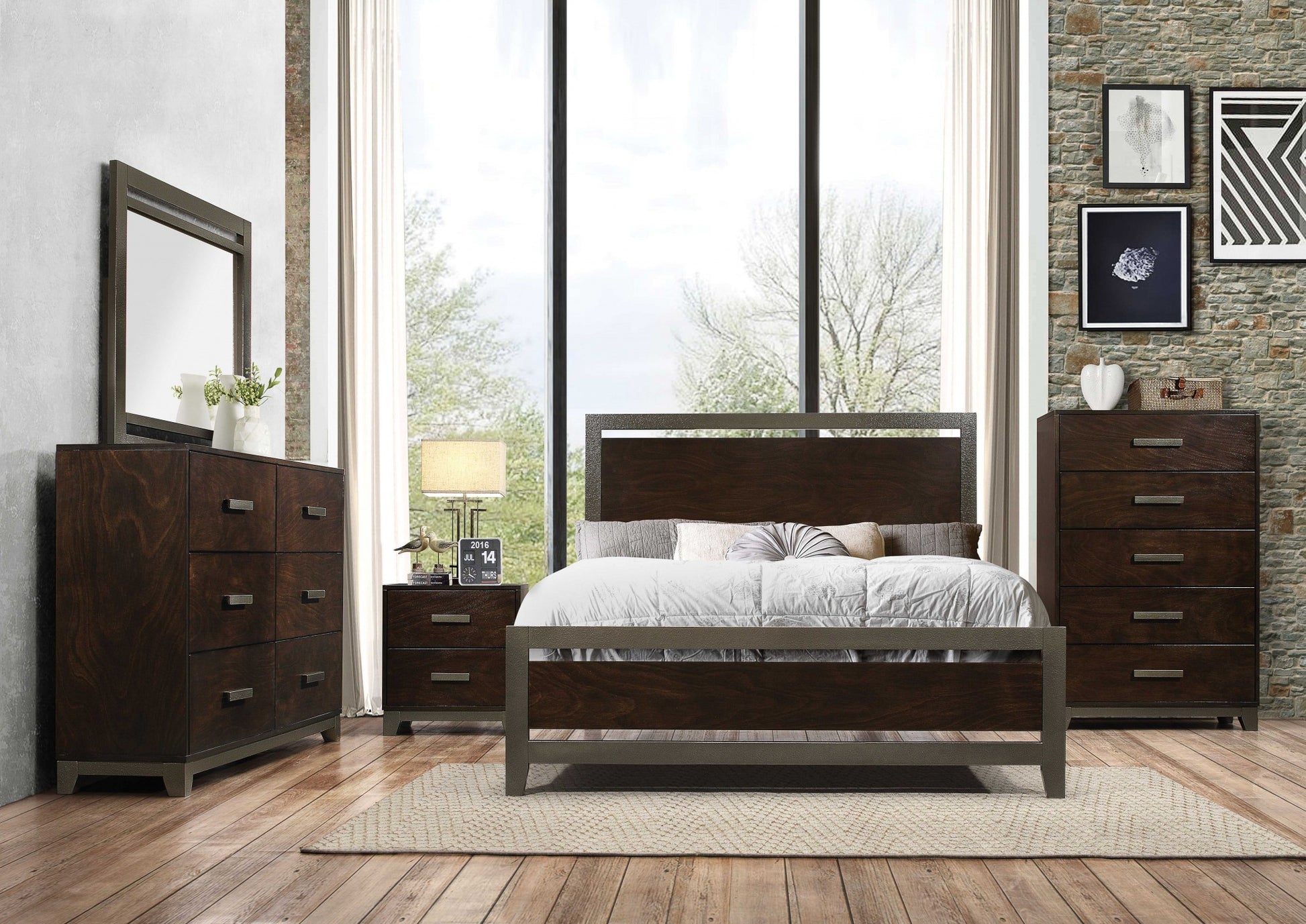 Walnut Wood Queen Bed By Homeroots | Beds | Modishstore - 2