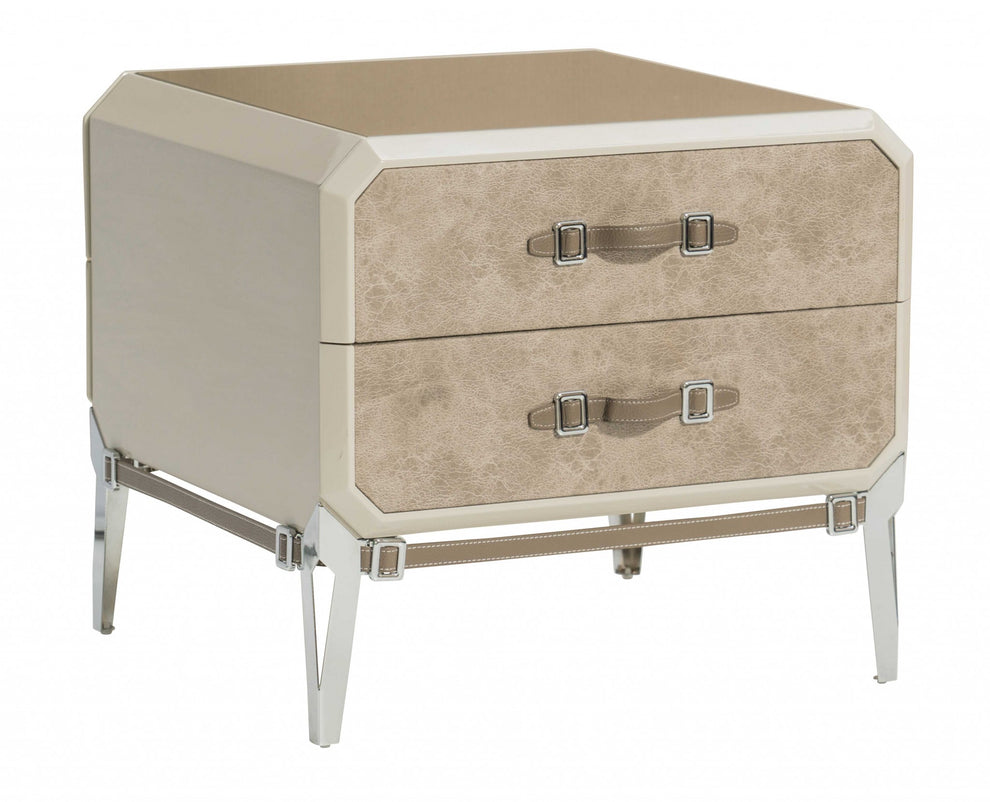 Vintage Beige Pu Wood Upholstered Front Metal Leg Veneer Melamine Nightstand By Homeroots | Nightstands | Modishstore - 3