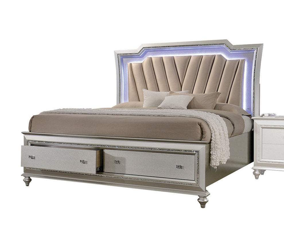 Pu Champagne Wood Upholstered Hb Led California King Bed By Homeroots | Beds | Modishstore - 2