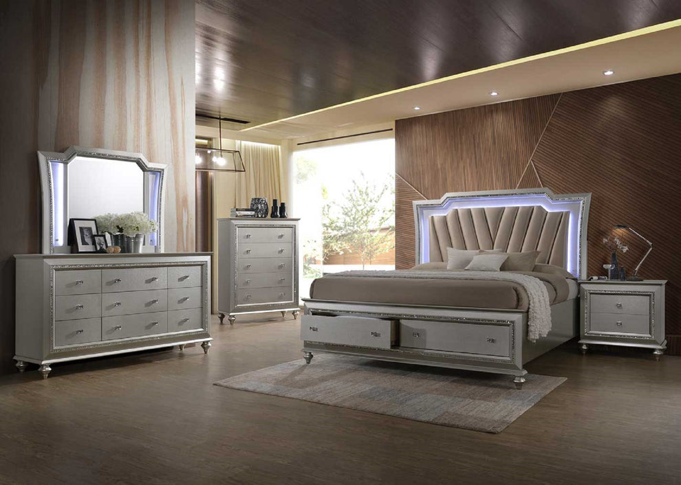 Pu Champagne Wood Upholstered Hb Led Queen Bed By Homeroots | Beds | Modishstore - 4