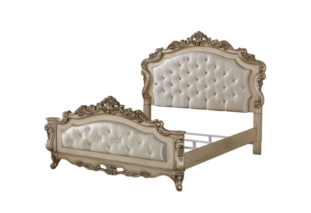 Fabric Antique White Wood Upholstered Hbfb Queen Bed By Homeroots | Beds | Modishstore - 2