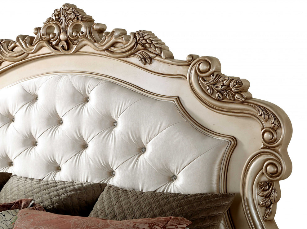 Fabric Antique White Wood Upholstered Hbfb Queen Bed By Homeroots | Beds | Modishstore - 3