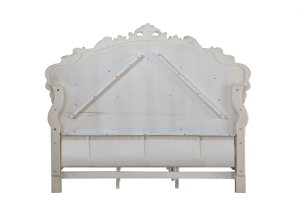 Fabric Antique White Wood Upholstered Hbfb Queen Bed By Homeroots | Beds | Modishstore - 4