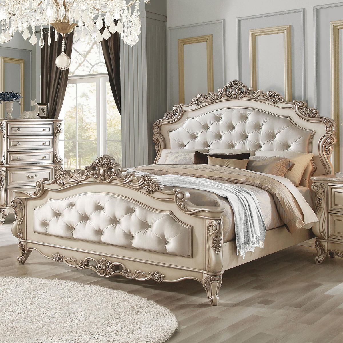 Fabric Antique White Wood Upholstered Hbfb Queen Bed By Homeroots | Beds | Modishstore