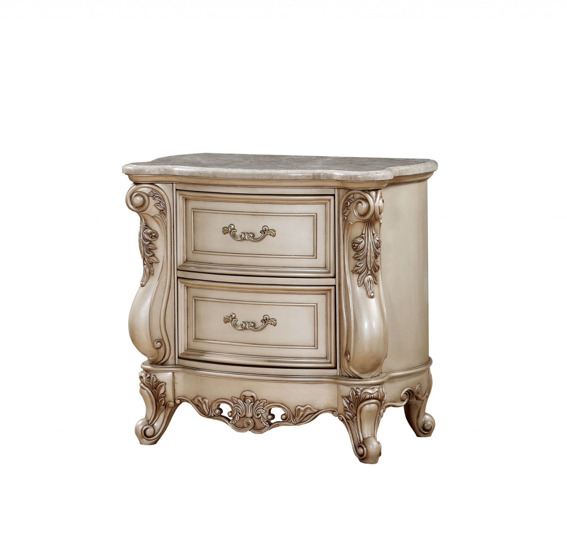 Antique White Wood Nightstand With 2 Drawers And Marble Top By Homeroots | Nightstands | Modishstore