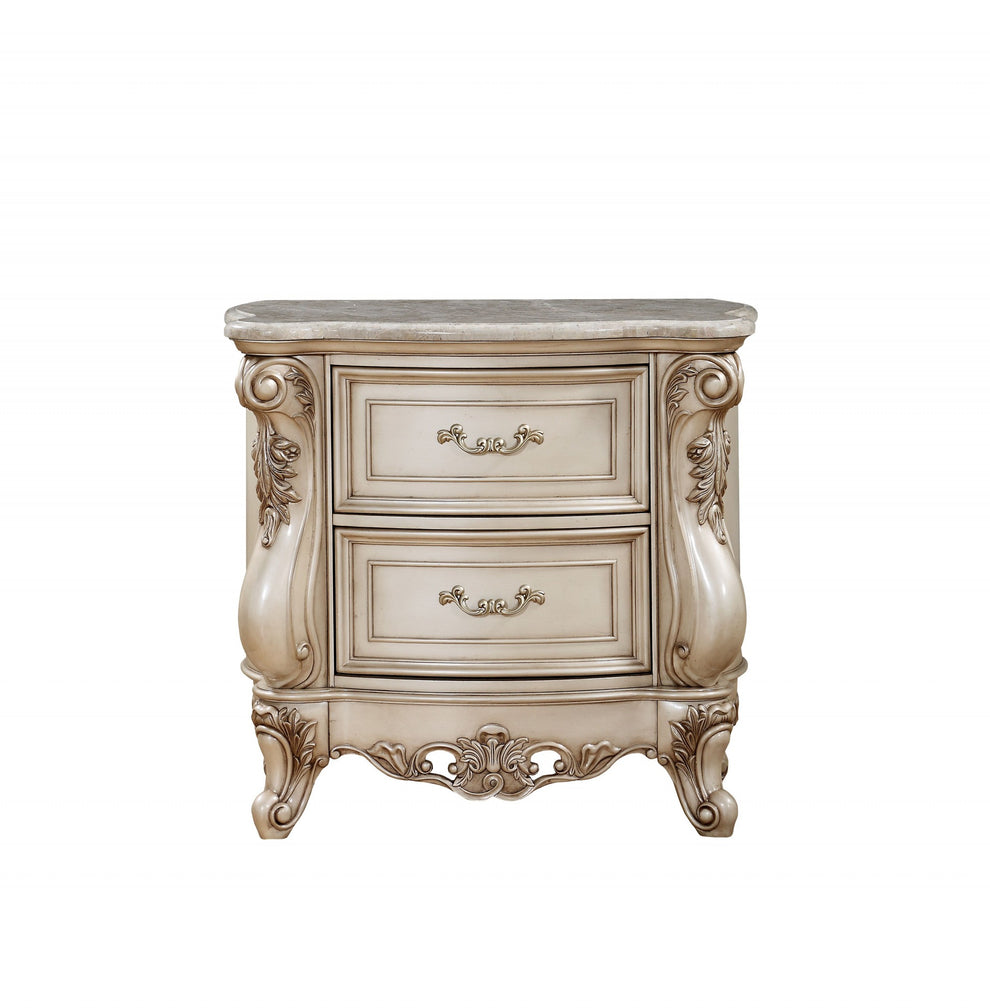 Antique White Wood Nightstand With 2 Drawers And Marble Top By Homeroots | Nightstands | Modishstore - 2
