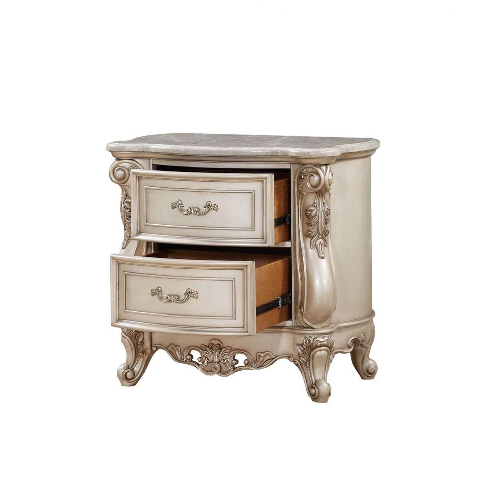 Antique White Wood Nightstand With 2 Drawers And Marble Top By Homeroots | Nightstands | Modishstore - 3