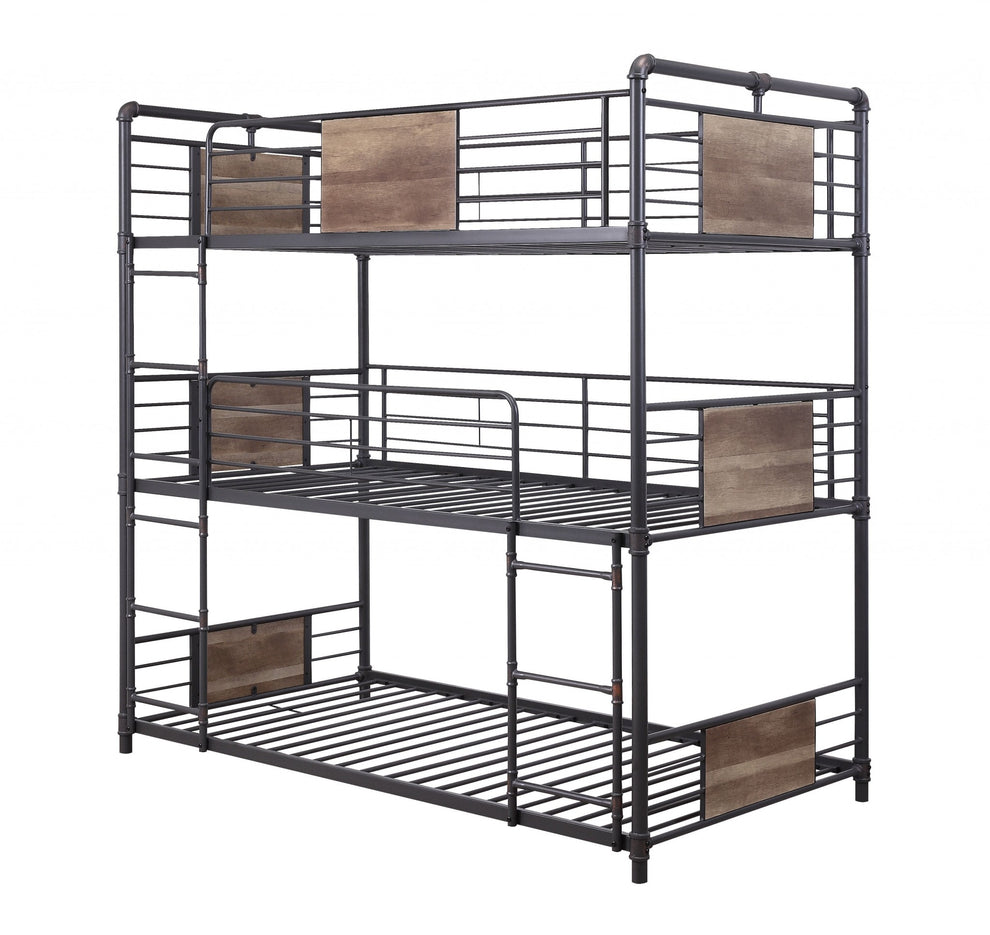 Sandy Black Dark Bronze Handbrushed Metal Wood Triple Bunk Bed Twin By Homeroots | Beds | Modishstore - 2