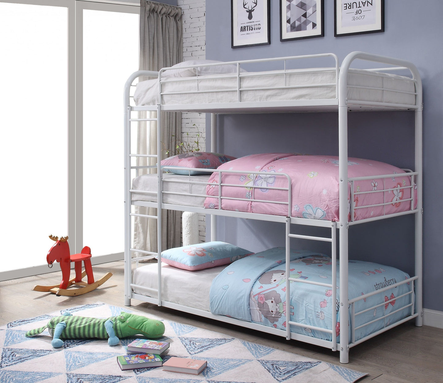 White Metal Triple Bunk Bed - Full By Homeroots | Beds | Modishstore - 2