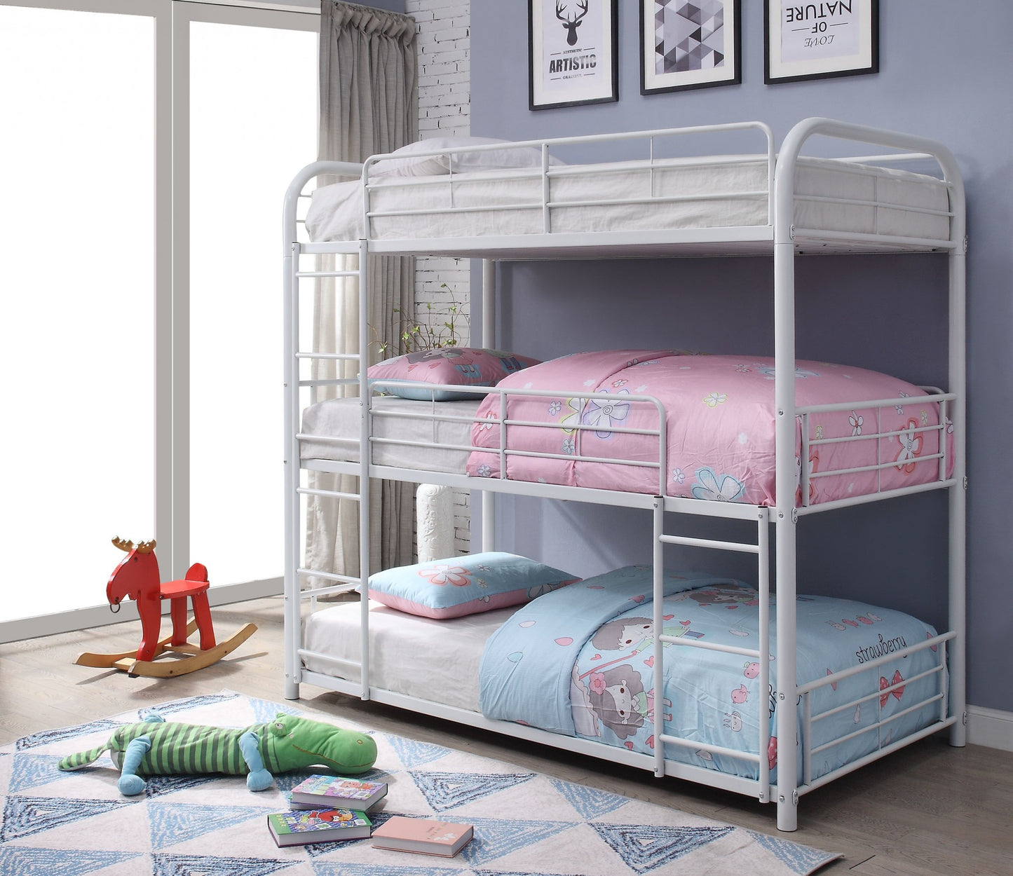 White Metal Triple Bunk Bed - Full By Homeroots | Beds | Modishstore
