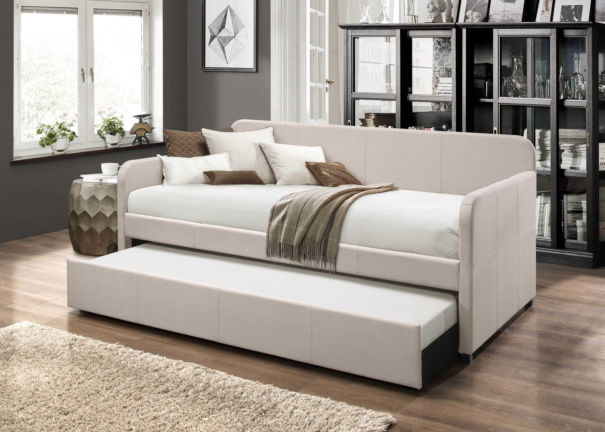 Fabric Upholstered Bed Wood Leg Daybed Trundle Twin Size By Homeroots | Daybeds | Modishstore