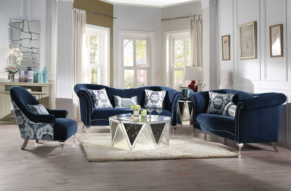 Blue Velvet Upholstery Acrylic Leg Loveseat w Pillows By Homeroots | Loveseats | Modishstore - 2
