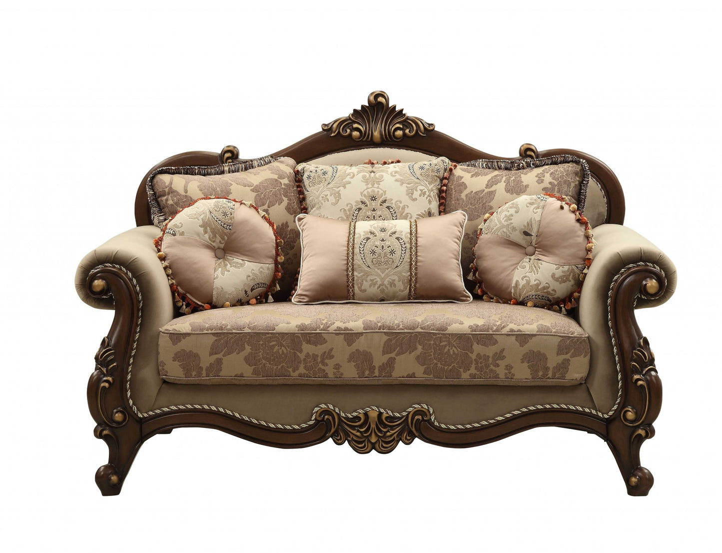 Fabric Walnut Upholstery Wood LegTrim Loveseat w Pillows By Homeroots - 347246 | Loveseats | Modishstore
