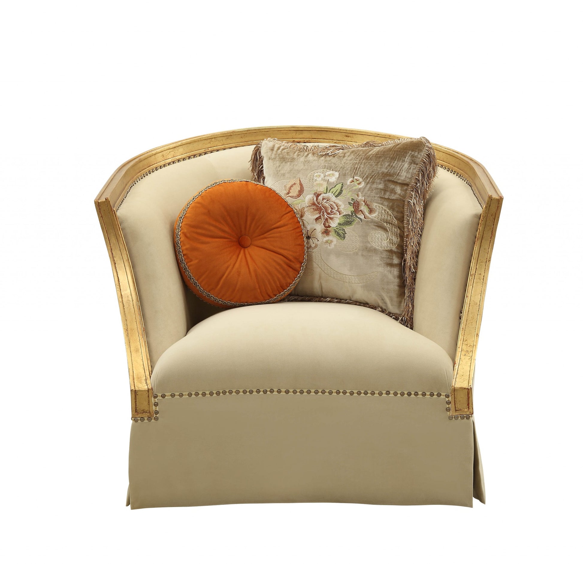 Fabric Antique Gold Upholstery Wood LegTrim Chair w Pillows By Homeroots | Accent Chairs | Modishstore