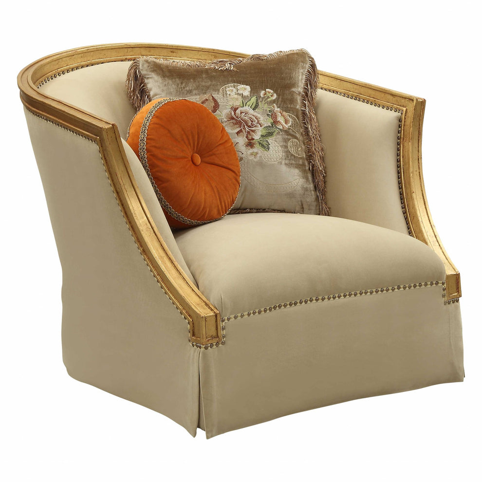 Fabric Antique Gold Upholstery Wood LegTrim Chair w Pillows By Homeroots | Accent Chairs | Modishstore - 3