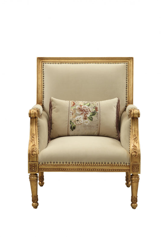Fabric Antique Gold Upholstery Wood LegTrim Accent Chair & Pillow By Homeroots | Accent Chairs | Modishstore