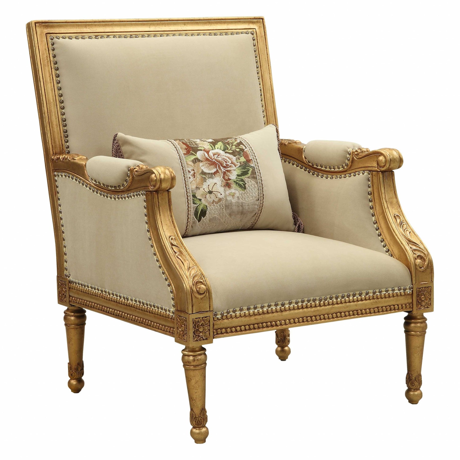 Fabric Antique Gold Upholstery Wood LegTrim Accent Chair & Pillow By Homeroots | Accent Chairs | Modishstore - 3